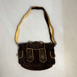Vintage German Suede Shoulder Bag Embroidered Alpine Folk Style